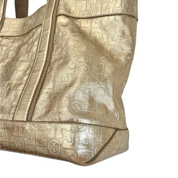 Tory Burch Golden Metallic Travel Tote Bag leather embossed logo lined - Picture 4 of 16
